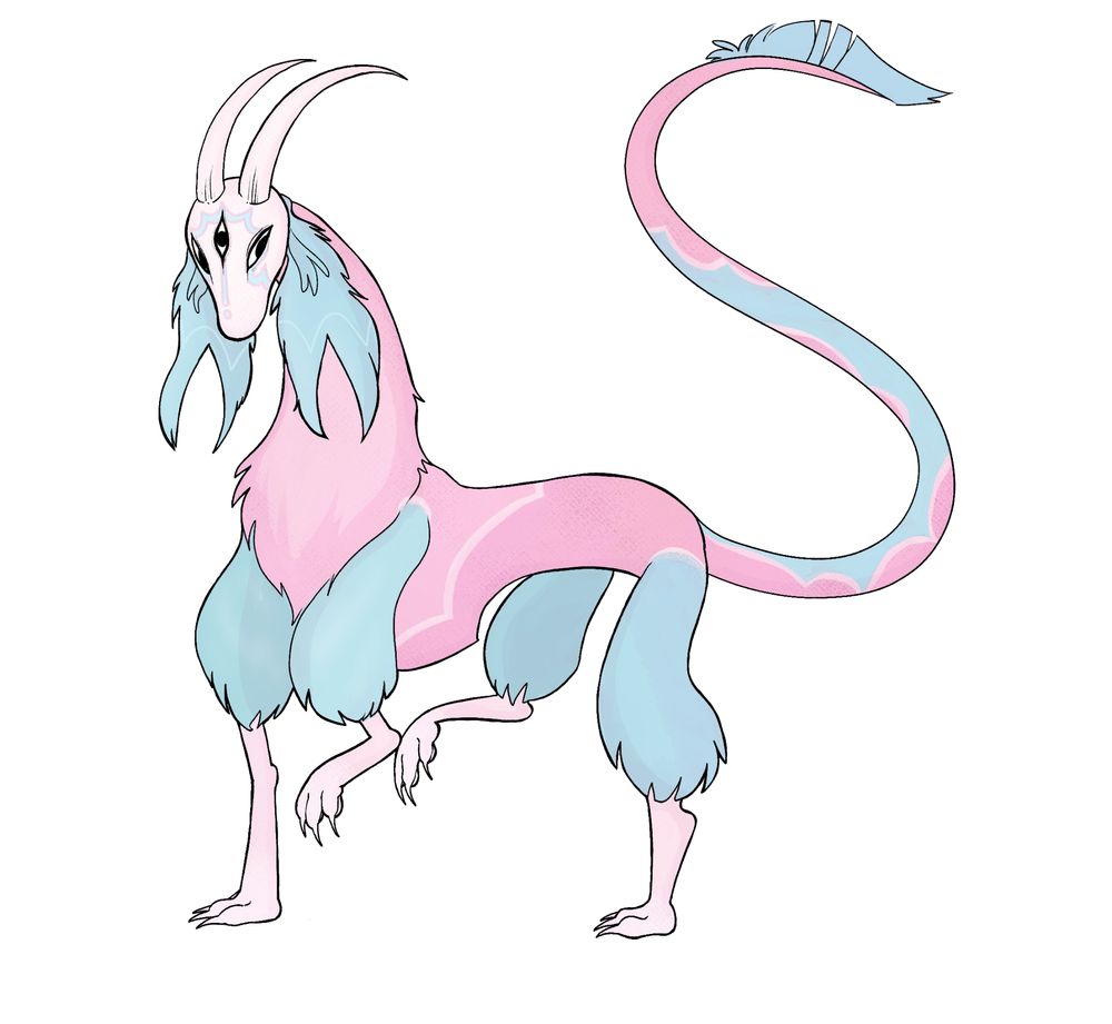 a pink and blue creature with a long tail and long fluffy ears. it has a mask with two long horns and three eyes. it stands elegantly with one back leg and one foreleg raised