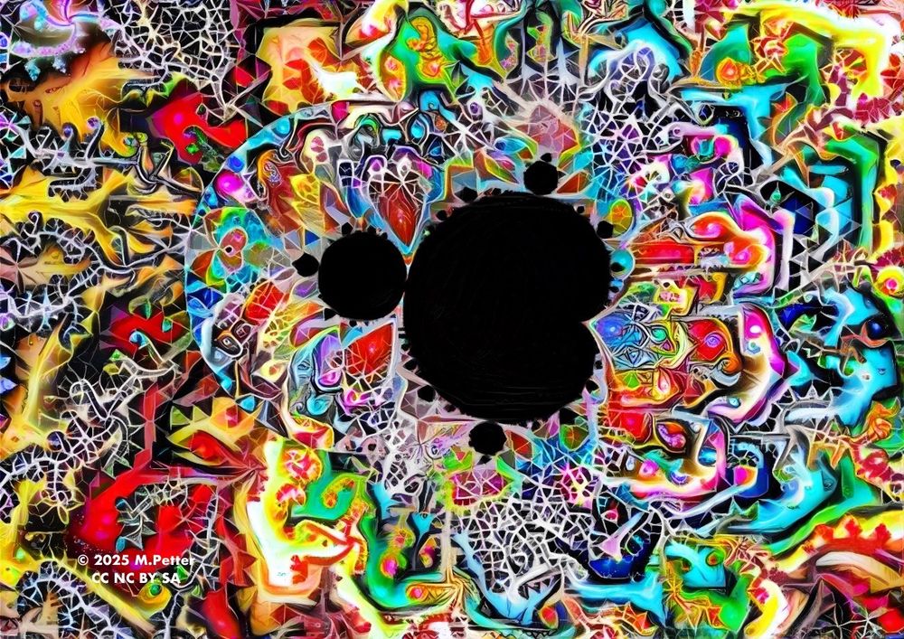 The image is a vibrant and intricate abstract artwork featuring a central black void, a Mandelbrot, surrounded by a complex array of colorful patterns and shapes. The background is a kaleidoscope of colors, including reds, blues, greens, yellows, and purples, with swirling and geometric designs that create a sense of movement and depth. The central black void is irregularly shaped, with two smaller black shapes within it, adding to the complexity of the composition. The edges of the image are adorned with intricate white web-like patterns that contrast with the vivid colors. The overall effect is one of dynamic energy and visual complexity. In the bottom left corner, there is a copyright notice that reads "© 2025 M.Petter CC NC BY-SA."
Provided by @altbot, generated privately and locally using Ovis2-8B
🌱 Energy used: 0.172 Wh