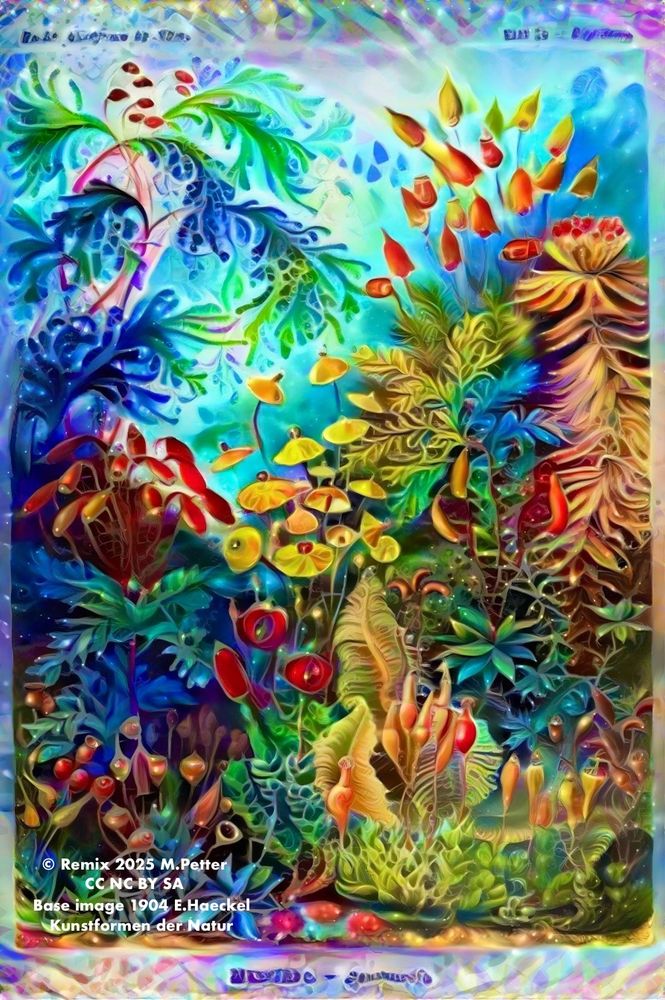 This is a highly detailed, colorful, and abstract digital illustration reminiscent of a botanical or biological study, possibly depicting microscopic organisms or fantastical plant life. The background is a blend of deep blues, purples, and greens, creating a watery, dynamic effect. Numerous small, uniquely shaped organisms populate the image, many resembling flowers or marine life, with a vibrant palette of reds, oranges, yellows, and greens. They appear to be layered and overlapping, creating a sense of depth and complexity. The organisms feature intricate details, including swirling patterns, delicate tendrils, and bulbous shapes, with a strong focus on organic forms and textures. 
The following text appears in the image: 
"Remix 2023 M.Petter CC NC BY SA" 
"Base 1904 E.Haeckel"
"Kunstformen der Natur"
Provided by @altbot, generated privately and locally using Gemma3:27b
🌱 Energy used: 0.131 Wh