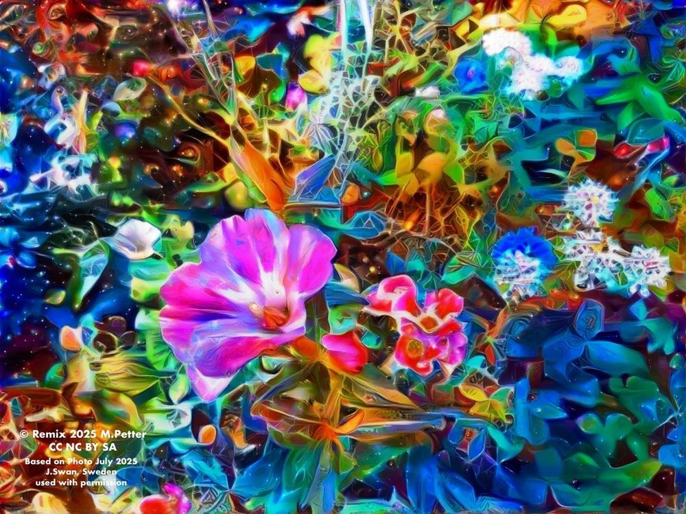 The image is a vibrant, abstract digital artwork featuring a variety of flowers and foliage. The central focus is a large pink flower with white accents, surrounded by smaller flowers in shades of blue, red, and white. The background is a rich tapestry of colors, including greens, blues, and yellows, with intricate patterns and textures that resemble leaves and stems. The overall effect is a psychedelic, dreamlike quality, with colors blending and overlapping in a way that creates a sense of movement and energy. The image is highly saturated, with a mix of bright and dark hues that add depth and contrast. The text in the bottom left corner reads: "© Remix 2025 M.Petter CC NC BY SA Based on Photo July 2025 J.Swan, Sweden used with permission."
Provided by @altbot, generated privately and locally using Ovis2-8B
🌱 Energy used: 0.182 Wh