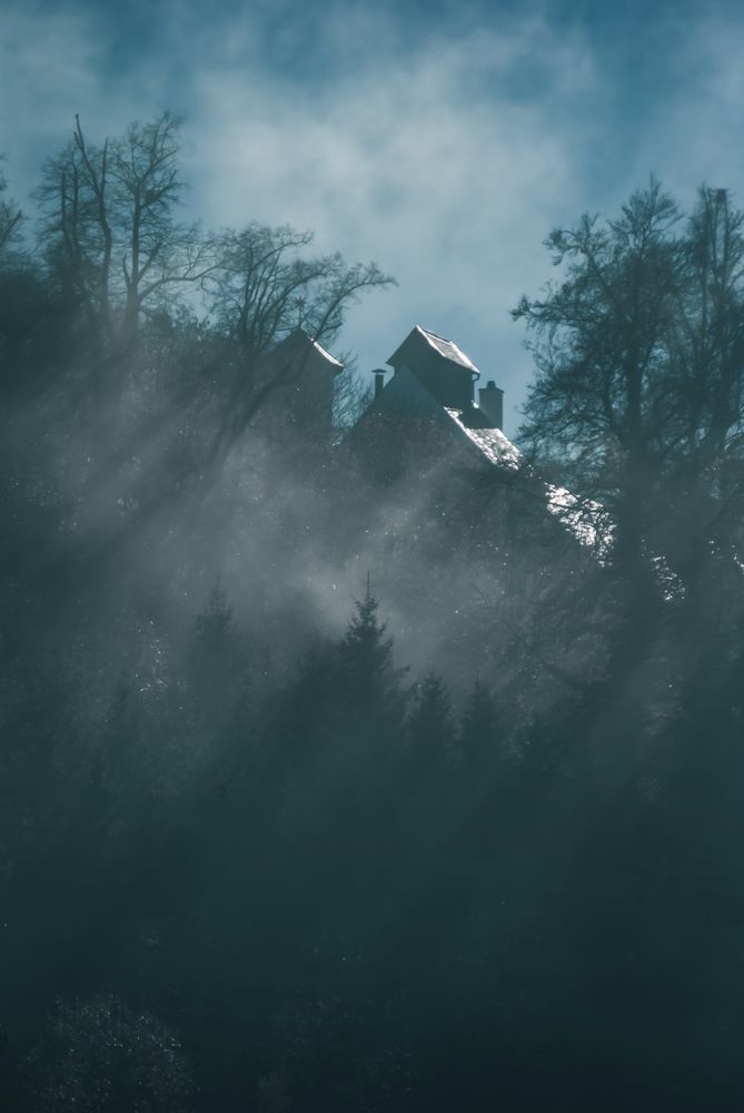 Foto: Ein waldiger Hügel im Nebel, oben ragt ein Gebäude heraus, Sonnenstrahlen.