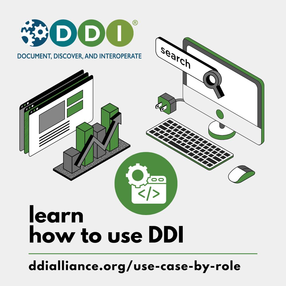 Learn how to use DDI. ddialliance.org/use-case-by-role DDI logo and graphics of a monitor with search bar, and graphs.