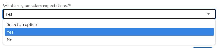 a screenshot from a LinkedIn job application, where the question "What are your salary expectations?" has been configured as a Yes/No question, currently answered "Yes"