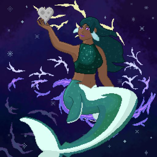 A mermaid in space holding a moon shaped like a heart