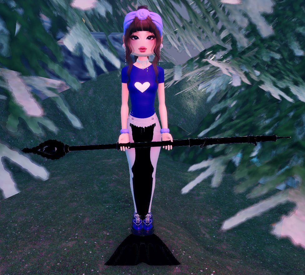 a screenshot of a dress to impress character in a winter forest, in a casual athletic outfit on a pogo stick using the dress to impress fish tail and staff item. 