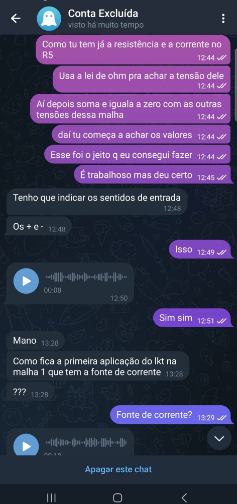 Print de conversa no telegram em que eu ensino cálculo de circuito elétrico pra um usuário excluído misterioso
