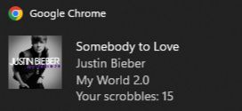 15 scrobbles em Somebody to Love do Justin Bieber