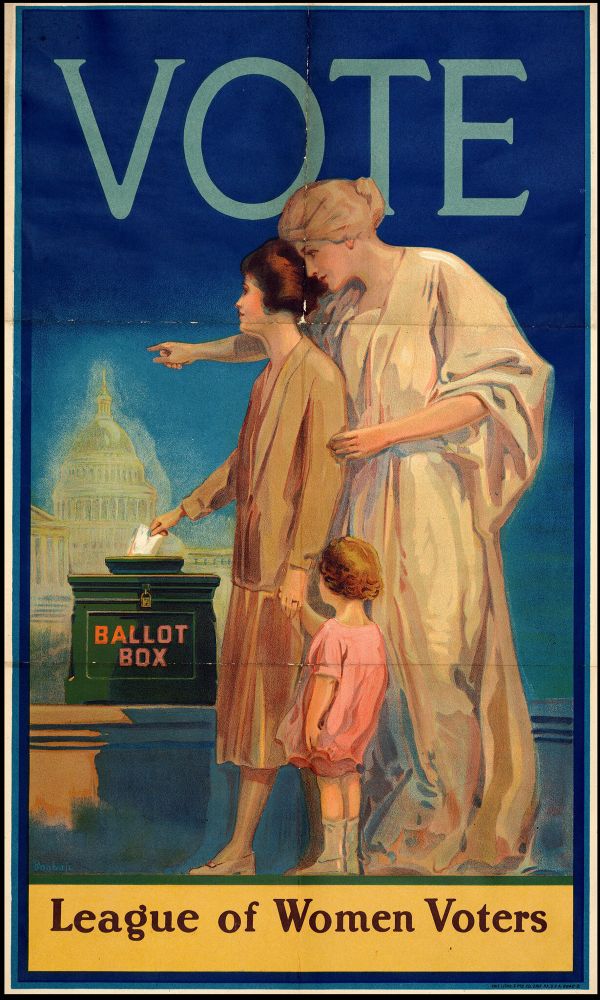 Turn-of-the-century League of Women Voters painting of guardian angel protecting mother while casting a ballot with caption: VOTE.