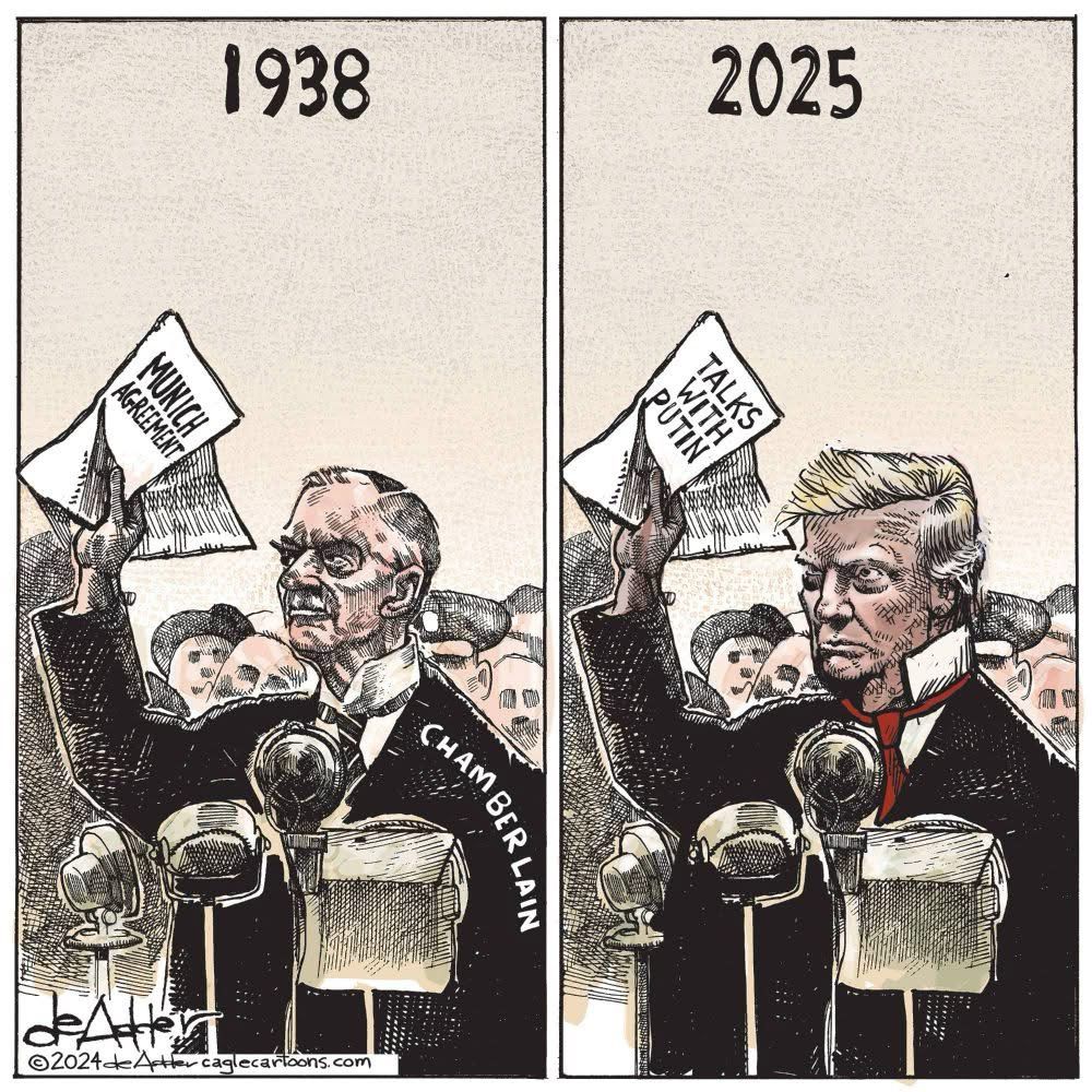 De Adder 2024 cartoon with a side-by-side of Chamberlain holding Munich Agreement and Trump holding Putin Talks newspaper. They’re both wearing same suit except Neville Chamberlain’s striped grey black tie is red for Donald Trump. 