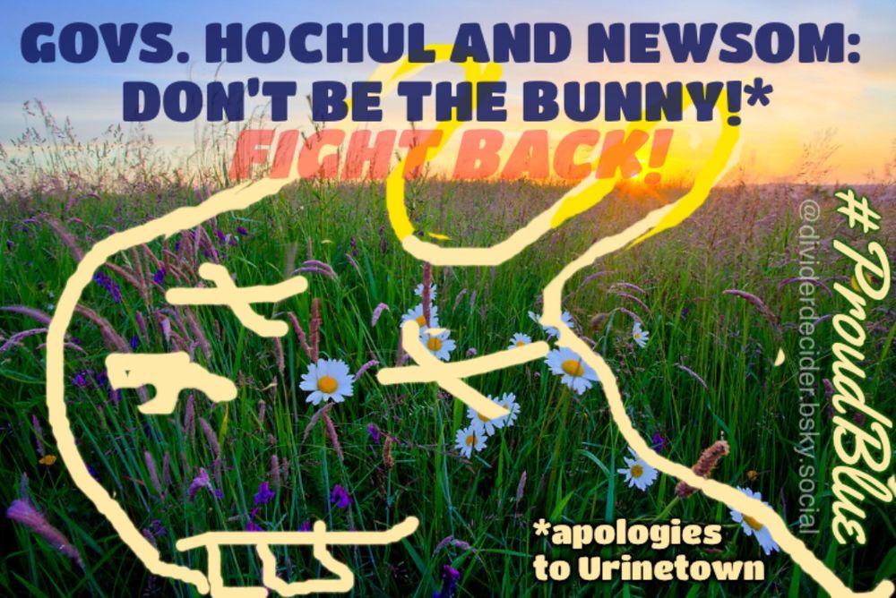 #ProudBlue meme by @dividerdecider.bsky.social of meadow with drawing over it of rough yellow outline of a dead rabbit with “X’s” for eyes and caption: “GOVERNORS HOCHUL AND NEWSOM: DON'T BE THE BUNNY!* FIGHT BACK! *apologies to Urinetown”