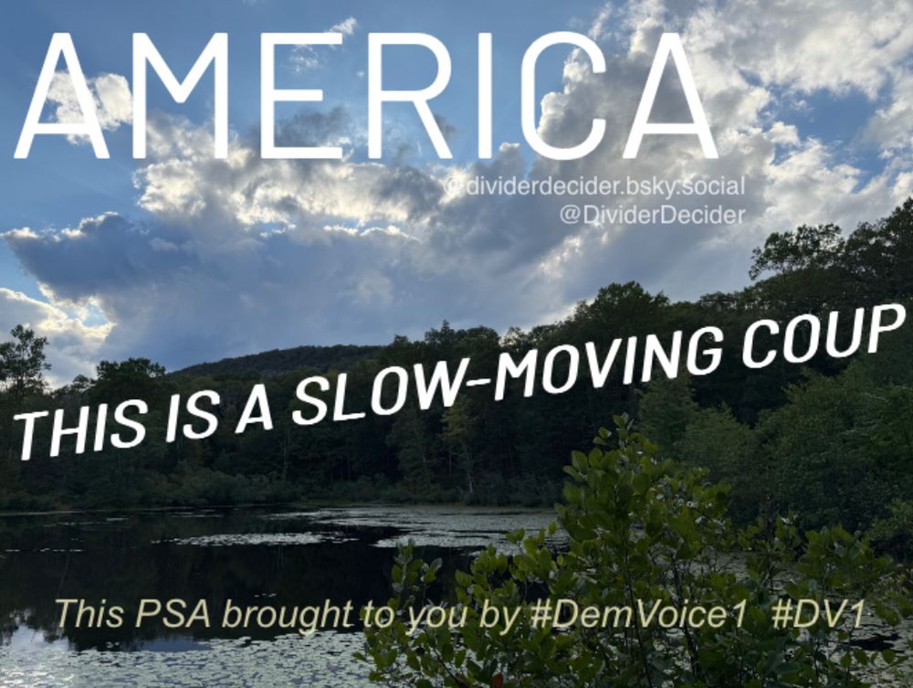 Meme by @dividerdecider.bsky.social @DeciderDivider of sloping mountain and lake with words “AMERICA” in clouds and “THIS IS A SLOW-MOVING COUP” angled up the mountain. Below is a subcaption: “This PSA brought to you by #DemVoice1 #DV1