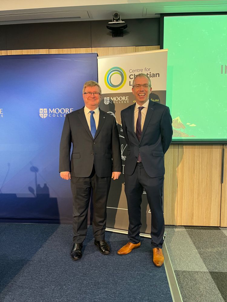 Mark Thompson and Peter Orr in Marcus Loane Hall, Moore Theological College.