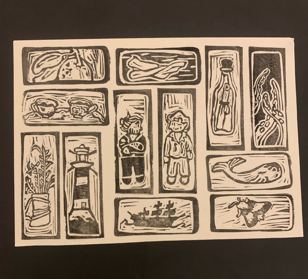 A white paper background with black stamped images referencing show our flag means death. Images include- an orange, cups of tea, a fern, lighthouse, ship, a whale, and many more!