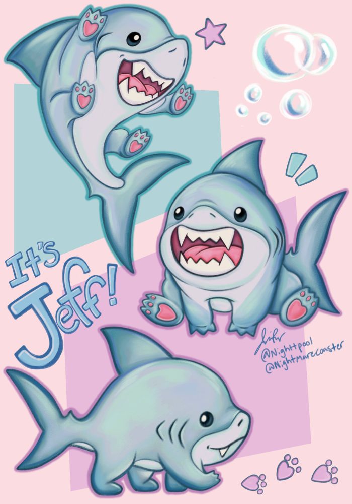 Three drawings of Jeff The Land Shark