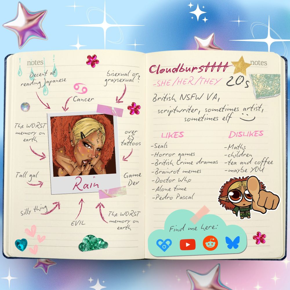 ABOUT CLOUDBURSTTTT- 

She/her/they in her 20s 
British NSFW VA
scriptwriter, sometimes artist, sometimes elf

Likes: Seals, horror games, british crime dramas, brainrot memes, doctor who, alone time and pedro pascal 

Dislikes: Maths, children, tea&coffee and maybe YOU

Also, decent at reading Japanese, is a Cancer, is bisexual or graysexual(?), the WORST memory on earth, over 25 tattoos, tall girl, the WORST memory on earth, silly thing, Game dev and is EVIL