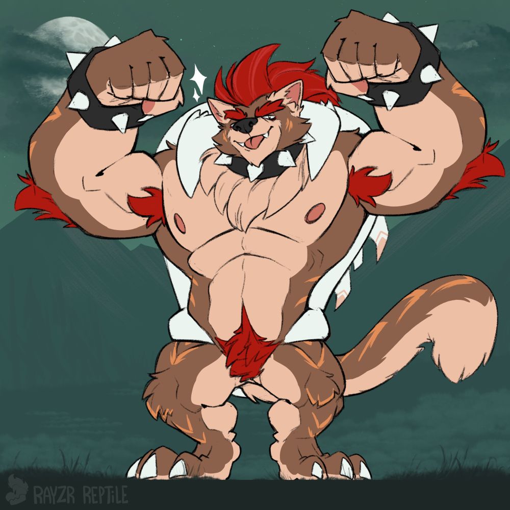 Part six of a six part digitally illustrated transformation sequence. 

The beast, still standing tall, flexes both of his massive arms. He gives you, the viewer, a cheeky smirk. 