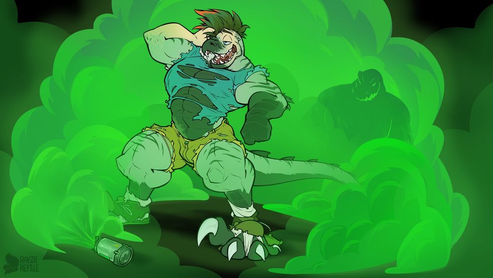 Digital illustration of a man surrounded by a toxic gas spewing from a canister on the floor. He is disoriented as his body undergoes a bulking transformation into a large dinosaur-like creature. His clothes rip and tear under the bulging growth of his muscles, shoes shredded from thick clawed toes. A large tail stretches from behind him. Within the smoke, the silhouette of a hulking  lizard man stands smirking, awaiting the transformation to complete. 