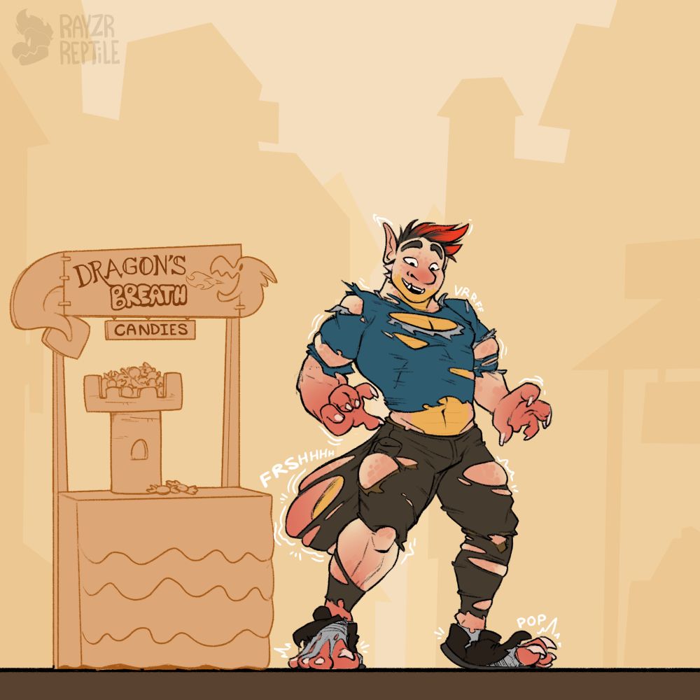 Part two of a four part digitally illustrated transformation sequence. 

The man has now grown slightly taller and bulkier, with splotches of scales appearing on his darkening skin. Claws begin to form from his fingers and toes, of which have began to poke through his shoes. His simple shirt and cargo pants begin to shred under the pressure of his growing form. 