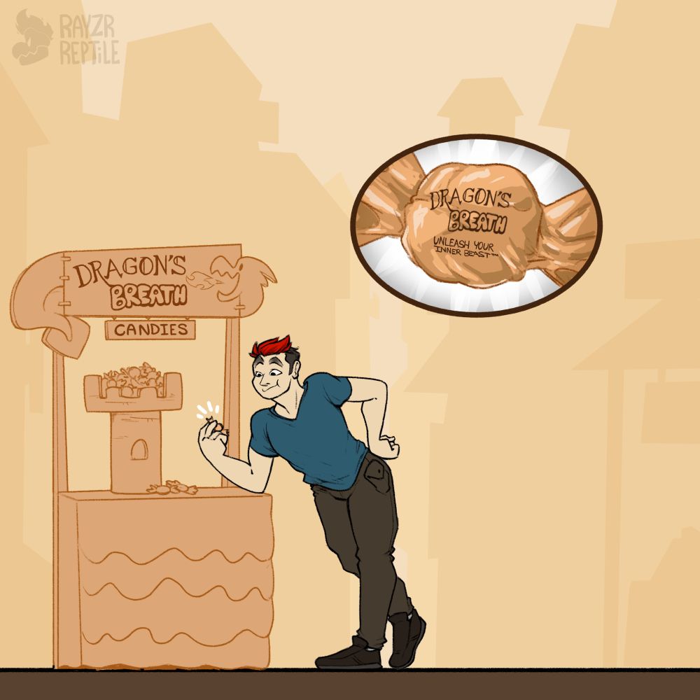 Part one of a four part digitally illustrated transformation sequence. 

A young man is chewing on a bit of candy as he leans over a candy stand. The stand’s sign reads, “Dragon’s Breath Candies,” with the slogan, “Unleash Your Inner Beast.” The man seems quite content with its taste. 