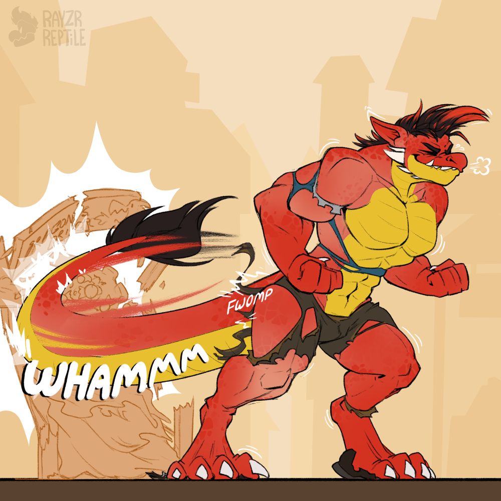 Part three of a four part digitally illustrated transformation sequence. 

The man now mostly resembles that of a dragon, with pointed ears, a set of horns, and sharp teeth. Shooting from his now mostly torn pants is a massive long tail with thick hair at its end, destroying the original candy stall in its wake. The dragon man exerts great energy bursting his tail from his shorts, which, with his equally torn shirt, leave little to hide from his new form. 