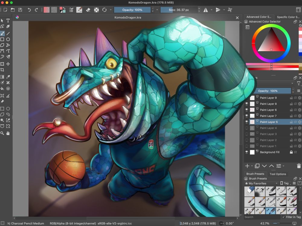 Digitally rendered illustration of an anthropomorphic dinosaur-like reptile rested inside an art program frame. He’s holding a standard basketball while lifting back his cheek to reveal a toothy smile. His tongue and other parts are pierced with rings. He’s wearing a sports jersey and gym shoes. 