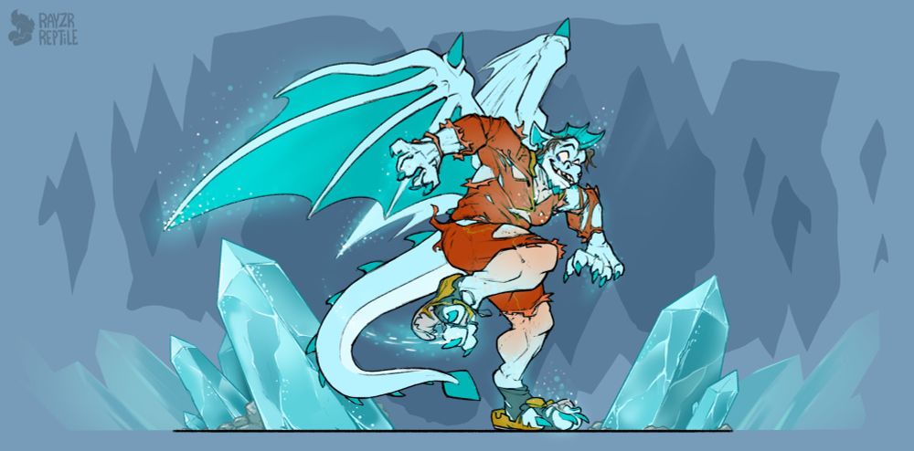 Part two of a three part digitally illustrated transformation sequence. 

The man has begun to grow greatly, standing taller with more meat on his bones. His skin becomes slowly overtaken with shiny scales and claws on his paws. His shoes are torn to shreds and his cave suit begins to fall apart. He seems rather excited by it. 