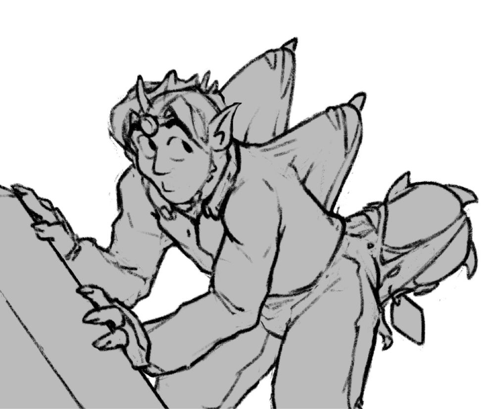 Digital sketch of a man hunched over touching a large object with his hands, which has seemingly triggered the start of a transformation. His back begins protruding two large flaps and a tail on the verge of bursting through his pants. 