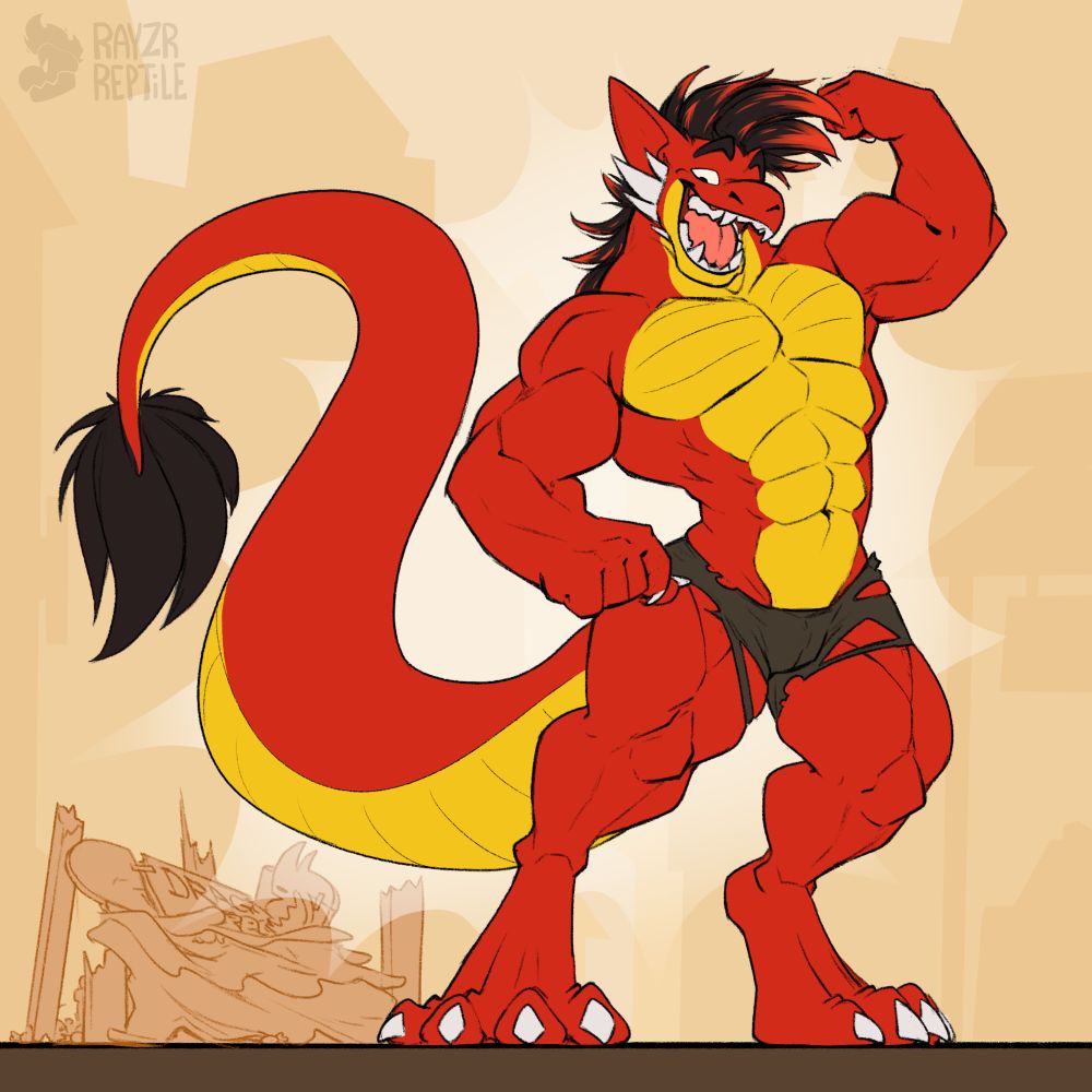 Part four of a four part digitally illustrated transformation sequence. 

A tall and muscular anthropomorphic dragon now stands where the man once stood, looking proud of his new form. The original candy stand lays in a pile of rubble behind him. 