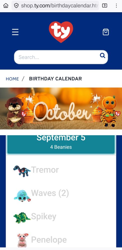 TY Beanie Baby shop, Birthday Calendar section screenshot. September 5th has 4 Beanies. From top to bottom: "Tremor"; "Waves (2)"; "Spikey"; "Penelope".
