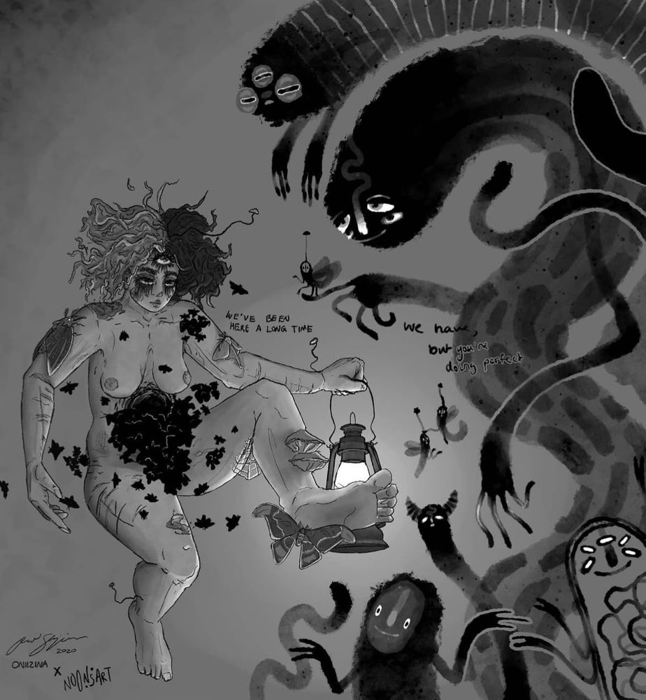a young nude woman floats in greyscale, surrounded by loving shadows- painted wuth gentle smiles and swirly bodies. she is holding a hand-held lamp which is attracting moths, especially a large flock of them pouring from her stomach. She has some mushrooms growing on her legs, and some spiderweb. text reads "we've been here a long time" from the girl, and "we have, but you're doing perfect" from the shadows. 