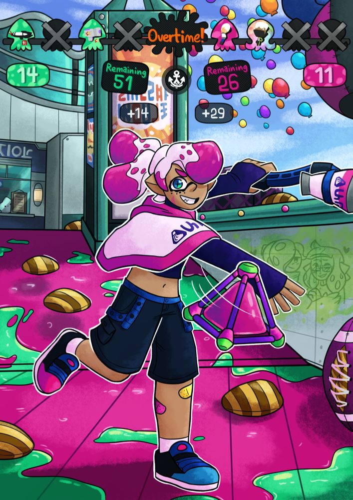 A Splatoon inkling with a determined grin throwing a Splat Bomb toward the "viewer". She is standing in a messy-looking Wahoo World, and the Splatoon UI is shown at the top.