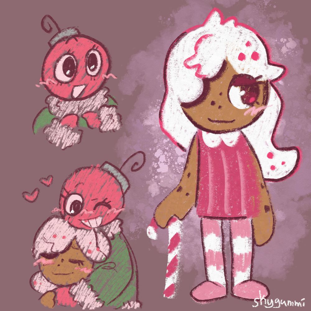 Drawings of Ginger and Bobette. The primary focus is Ginger on the right holding a candy cane as a walking cane, and on the left is one individual doodle of Bobette, and another where Bobette is hugging Ginger.