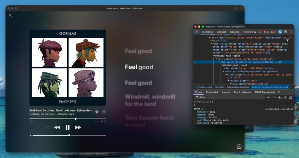 Apple Music web interface via a web app with the inspector open, showing Web Components powering the song lyrics