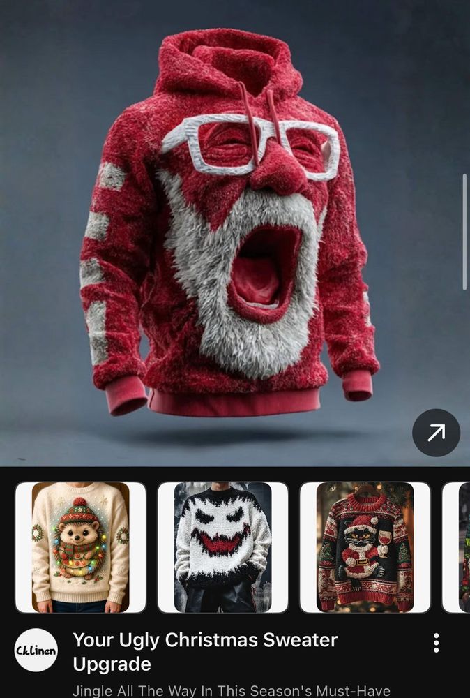 A clearly AI generated woolly hoodie with a beared person screaming from it with glasses on. Other jumpers shown below within a YouTube ad