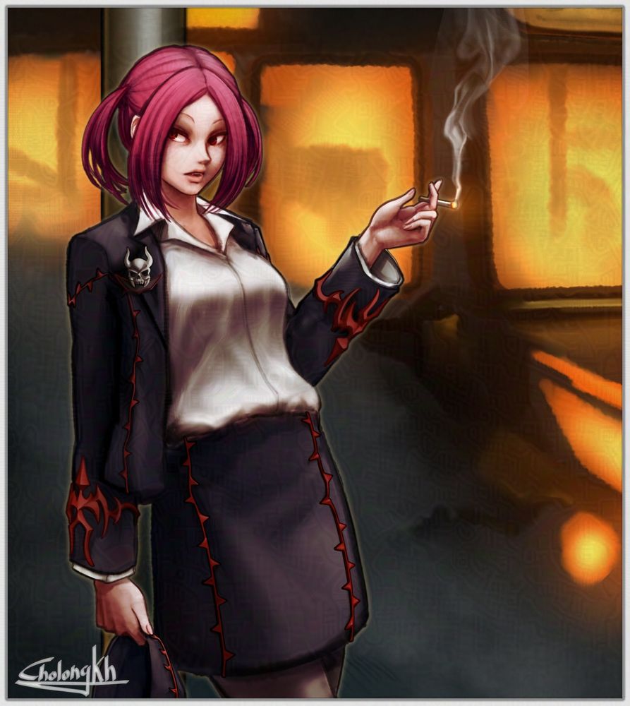 Tour guide from the underworld leaning on a post next to the bus from the underworld. Her blazer buttons are undone and she is smoking a cigarette
