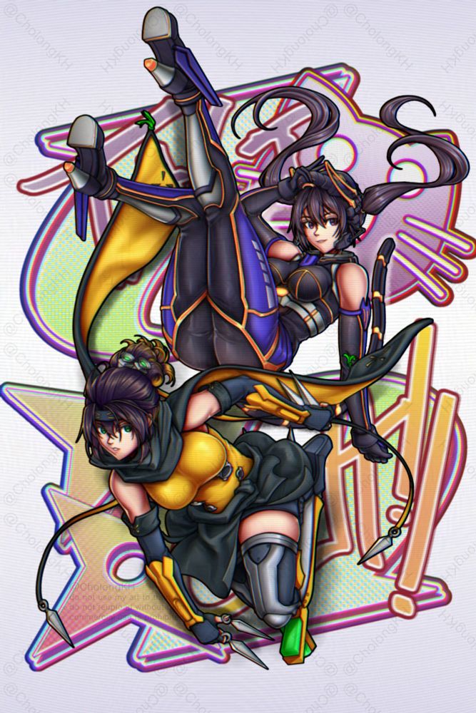 Depiction of I:P Masquarena tagging into S:P Little Knight set to a backdrop of graphic elements that reference aspects of their character design (ninja,cat)