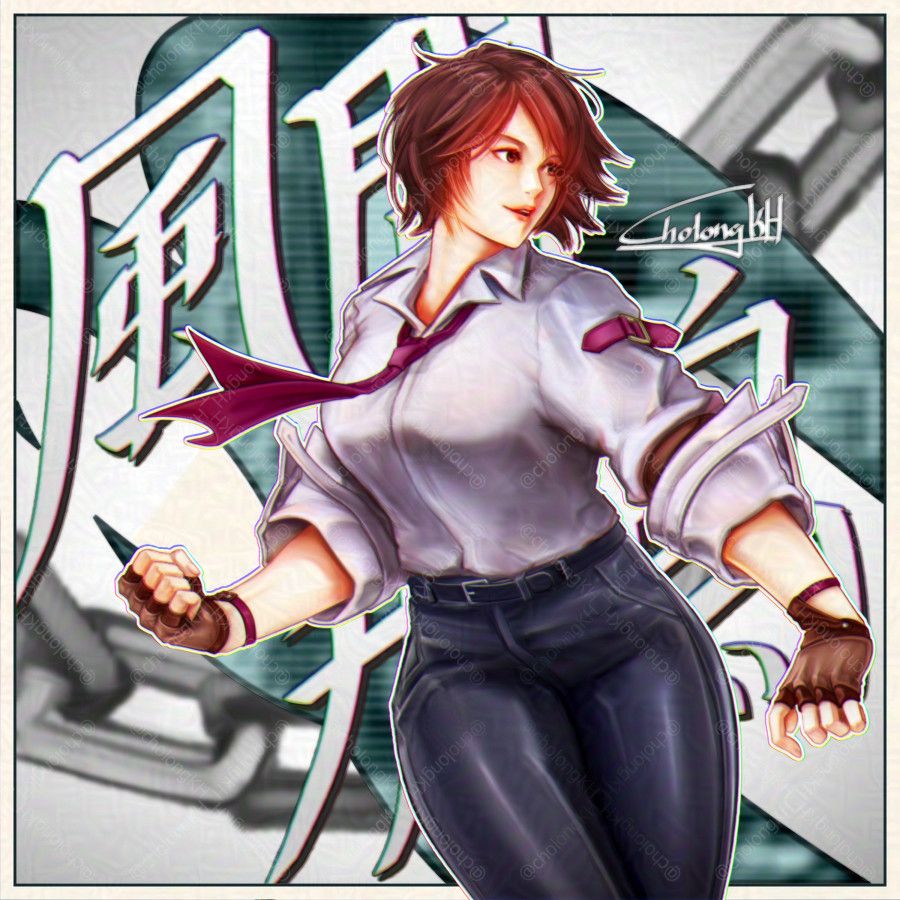 asuka kazama from tekken with in her default outfit from tekken 8 but with cool shiny pants