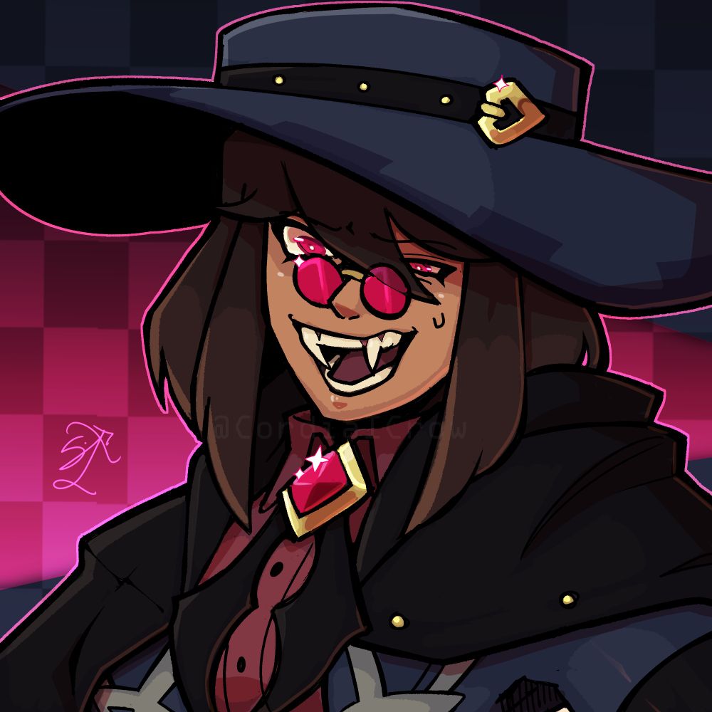 A bust portrait of the character Crow. Features the character in a large blue hat, dark cloak, dark pink button up shirt, with a small brooch on the neck with bat decals. The background is a pink checkboard pattern.