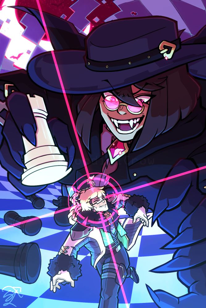 A picture of a the original character Crow and the character Rasmus from Omega Strikers. A large Crow chases down Rasmus in a chessboard like domain, with a crosshair over Rasmus to signify he is being hunted.