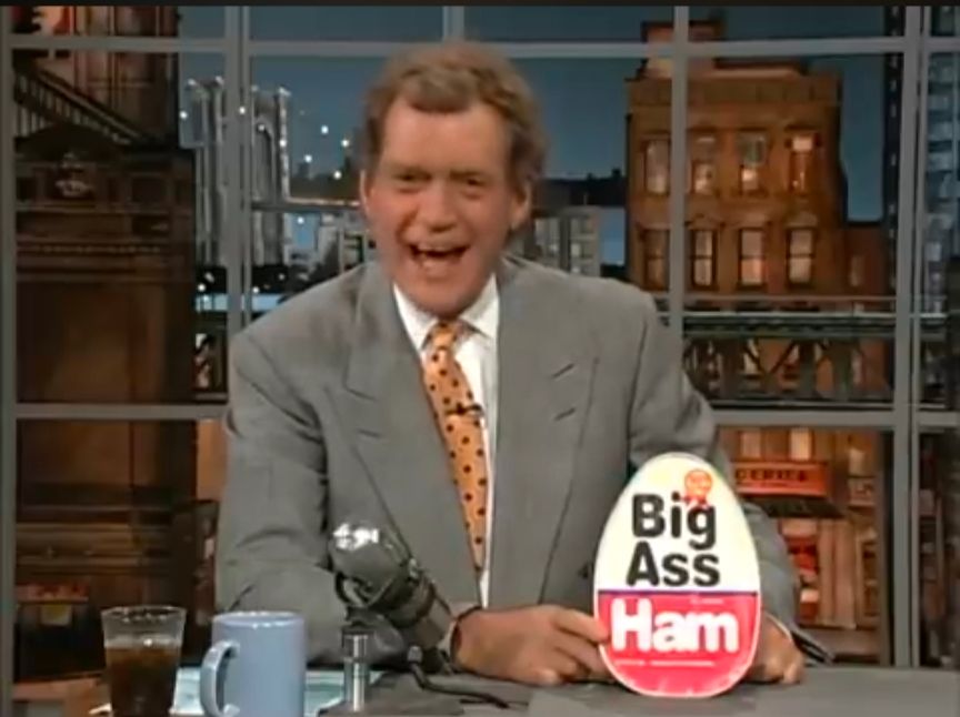 David Letterman holds a can of Big Ass Ham.