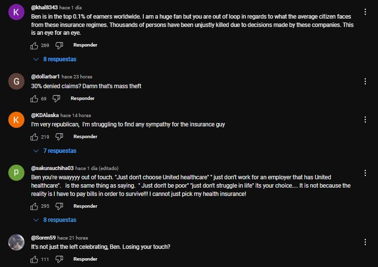 Youtube comments read: "Ben in in the top 0.1% of earners worldwide. I am a huge fan but you are out of loop in regards to what the average citizen faces from these insurance regimes. Thousands of persons have been unjustly killed due to decisions made by these companies. This is an eye for an eye."
"30% denied claims? Damn that's mass theft"
"I'm very republican, I'm struggling to find any sympathy for the insurance guy."
"Ben you're way out of touch. 'Just don't choose United healthcare' 'just don't work for an employer that has United healthcare' is the same thing as saying 'just don't be poor' 'just don't struggle in life' it's your choice... It is not because the reality is I have to pay bills in order to survive!! I cannot just pick my health insurance!"
"It's not just the left celebrating, Ben. Losing your touch?"

Each comment has around 200 likes