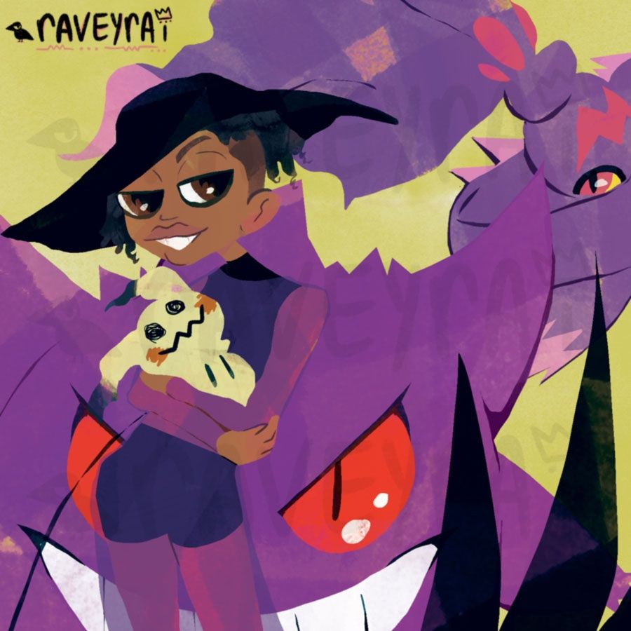 Art of RaveyRai's Ghost Type Pokemon Gym Leader Sona in a witchy aesthetic; the three Pokemon are Gengar, Mimikyu, and Mismagius