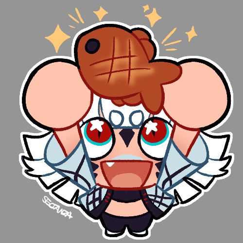 My au ra Vespera, holding up a pastry fish in triumph