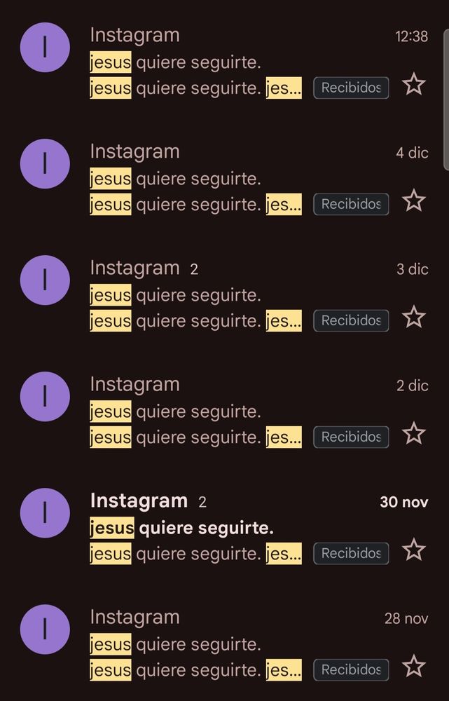 Captura de pantalla de la app de Gmail donde aparecen varios correos idénticos de Instagram, en los que un tal "jesús" quiere seguirte. 