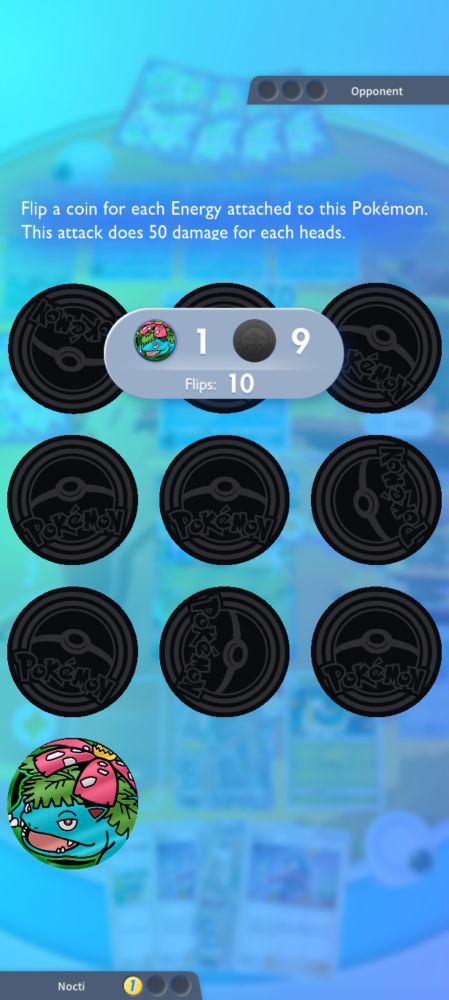 screenshot of pokemon tcg pocket: a 10-coin coin flip for my celebi's attack with only one successful head