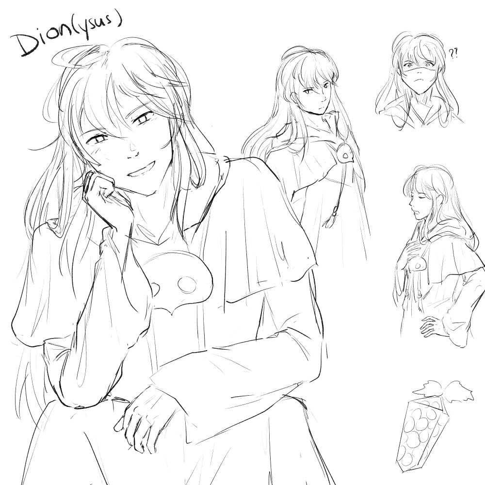 sketches of my Azem OC, Dion (Dionysus), with a hand resting on his face and a grin, and various poses in the back. squape sketch in the bottom right