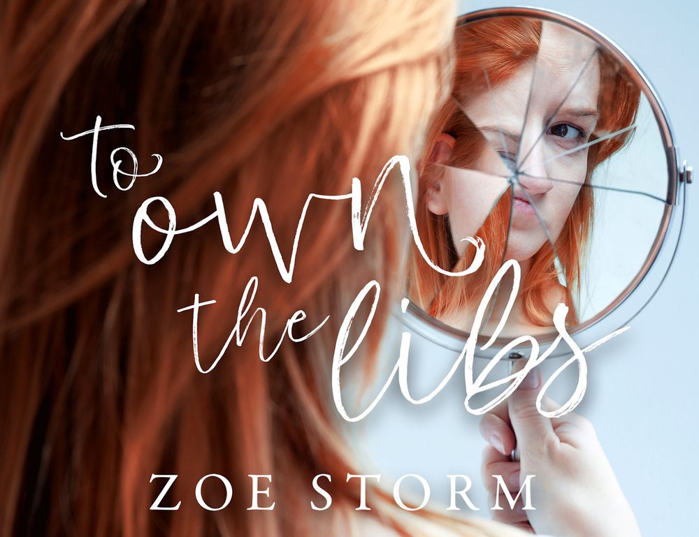 The cover of the book To Own the Libs by Zoe Storm. The cover depicts a red-haired woman seen from behind; she's holding up a mirror, reflecting her face towards the viewer. The mirror is shattered, and the reflection broken into shards as a result. The title of the book is written on top of the picture in white cursive script, with the author's name at the bottom in white block capital letters.