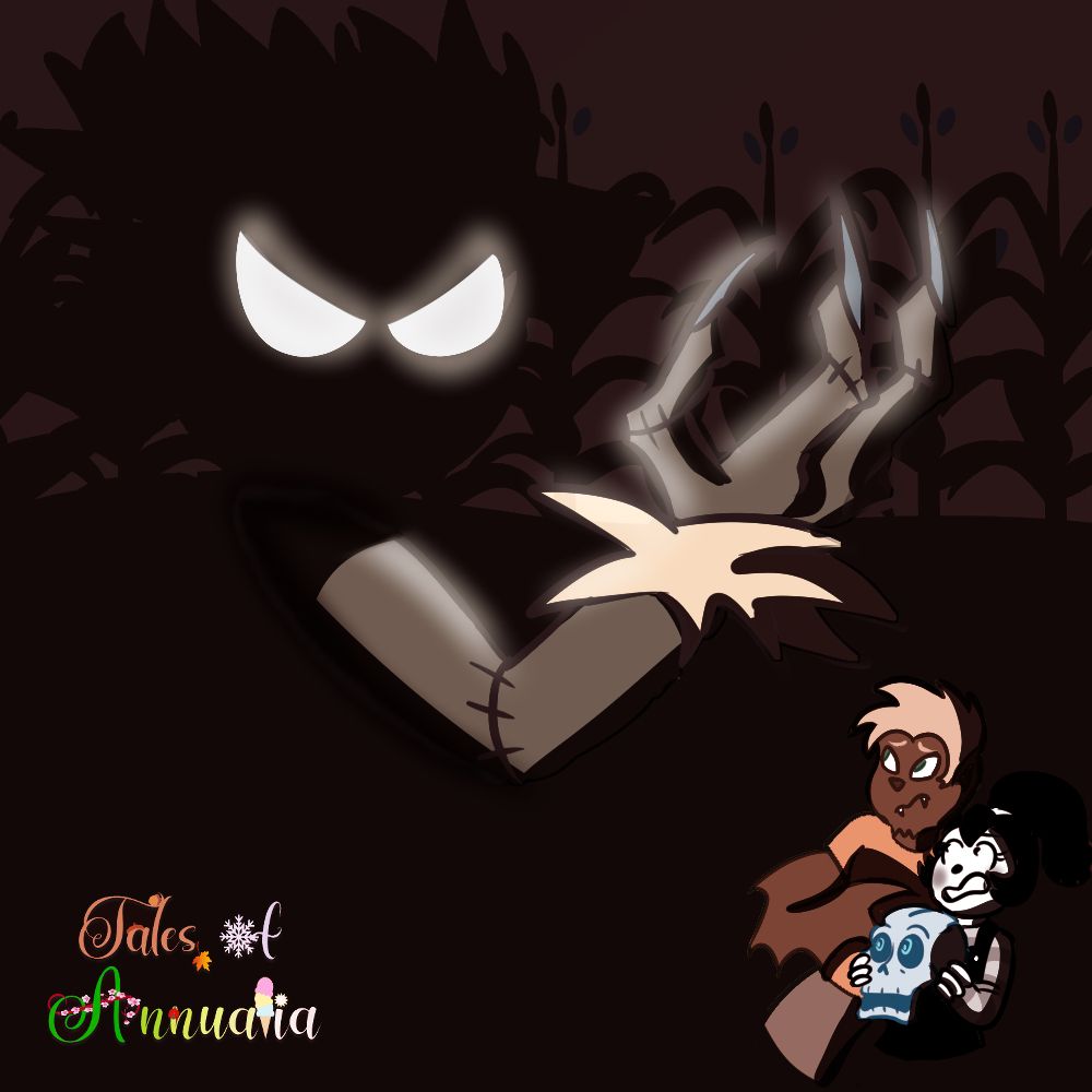 Cover art of a scarecrow in the field with three friends cowering in fear