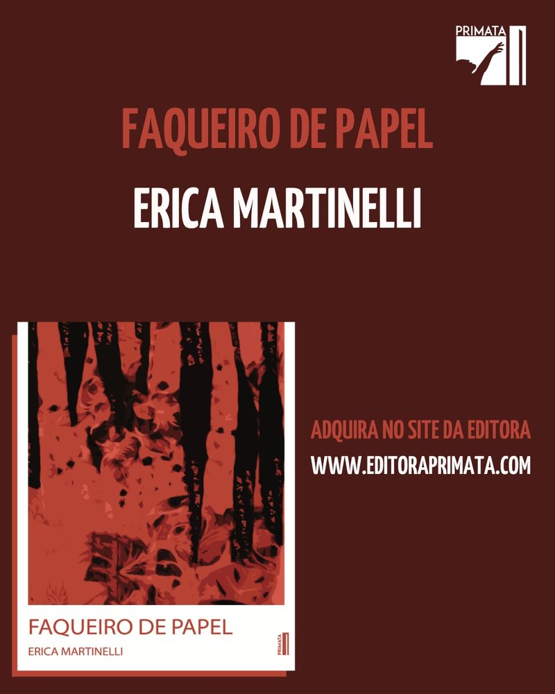 Arte divulgando meu livro 
Faqueiro de Papel 
Erica Martinelli 

Adquira no site da editora 
www.editoraprimata.com

Imagem da capa do livro, que é vermelha com desenhos meio abstratos, meio plantas, meio cortes em preto