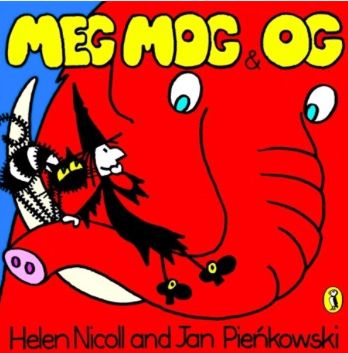 Cover of MEG, MOG & OG showing a red elephant (actually a mammoth) holding a stick figure witch and a black and white cat on his trunk. Cartoon style, kids' illustration. Classic! By Helen Nicoll and Jan Pieńkowski
